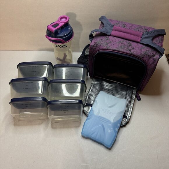 Jaxx  Meal Prep Bag w/ 6 Containers, Ice Pack & Bottle - Blue/Pink Fitness Set - Picture 1 of 8